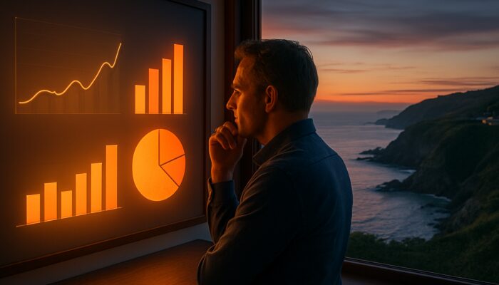 Business owner reviews social media KPI dashboards and seasonal graphs overlooking Ilfracombe cliffs at dusk.