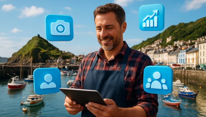 Small business owner using tablet for social media management in scenic Ilfracombe harbour with floating icons