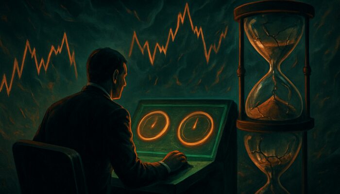 Trader evaluating Day versus GTC orders at terminal amid chaotic volatile charts and ticking hourglasses