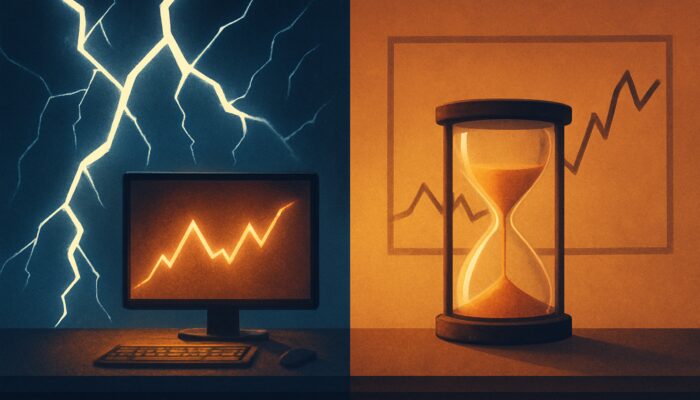 Split-screen trading desk: lightning bolts for instant IOC versus hourglass for patient GTC orders in volatile markets
