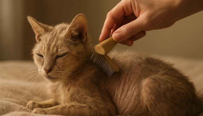Groomer tenderly brushing an elderly cat's thinning fur on a soft blanket in warm lighting.