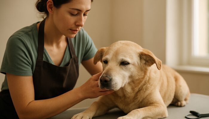 Groomer monitoring an elderly dog's breathing and posture during a calm, peaceful grooming session.