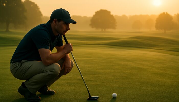Golfer crouching to examine putting green slopes and grain at dawn with ball and putter