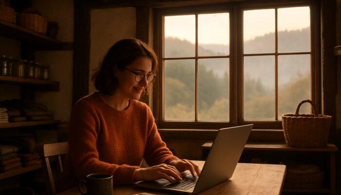 Small business owner writing on a laptop in a rustic Lydney shop with scenic views of the misty Forest of Dean