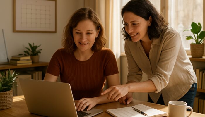 Lydney business owner strategising blog posts on a laptop with local expert in a sunlit office