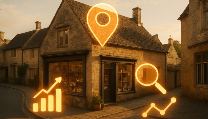 Charming Corsham stone shop highlighted with glowing local SEO map pins and rankings