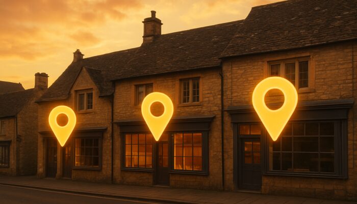 Corsham stone storefronts with glowing citation markers to Yell and Yelp at twilight