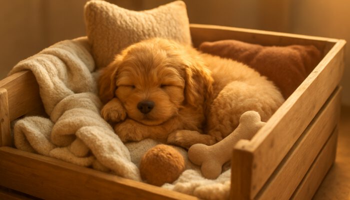 Fluffy puppy curled in a cosy wooden crate with blankets, pillows, and toys in sunlight.