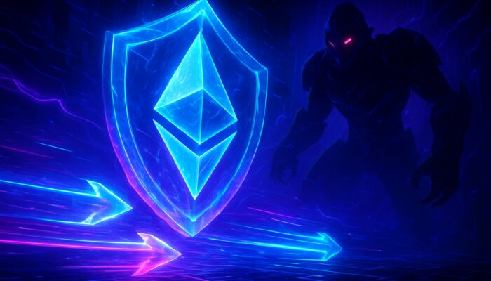 Cyberpunk setting with glowing Ethereum transactions shielded by crystalline armour from sinister MEV bots in vibrant blues and purples.