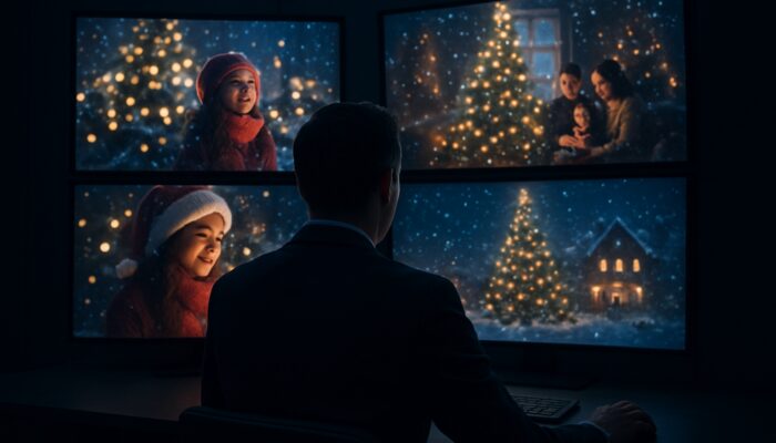 Strategist analysing competitors' festive holiday video campaigns and metrics on glowing screens in a dark room.