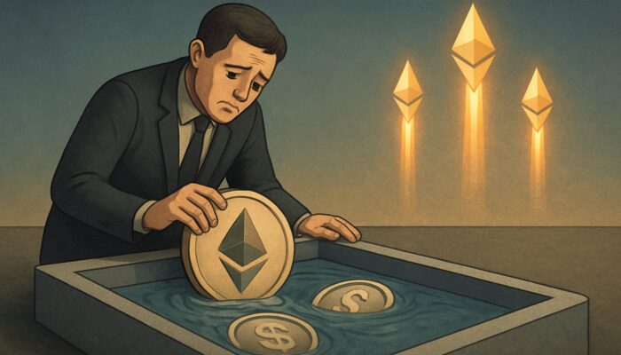 An investor withdrawing faded ETH-USDC tokens as glowing Ethereum rockets skyward, illustrating impermanent loss.