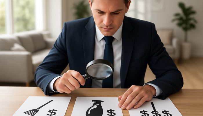 Businessperson using a magnifying glass to scrutinise hidden fees in cleaning quotes, modern sparkling home backdrop.