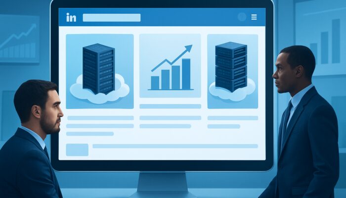 LinkedIn interface showing B2B cloud hosting ads with server racks and conversion charts in a blue workspace.