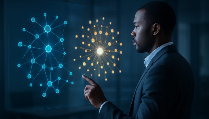 Analyst examining holographic LinkedIn audience maps highlighting enterprise clusters in B2B hosting visualisation.