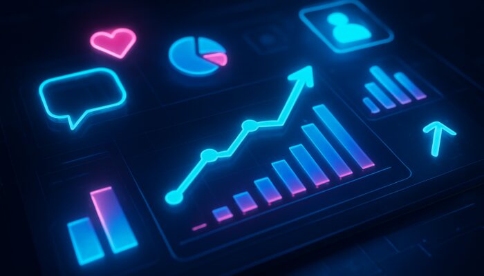 Futuristic digital dashboard displaying social media metrics, graphs, and engagement icons for campaign success.