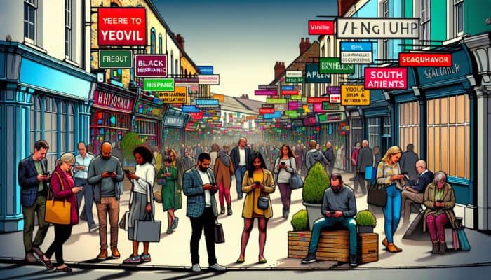 A bustling street in Yeovil showcasing shops and people using mobile devices for local service searches, emphasising the importance of digital marketing.
