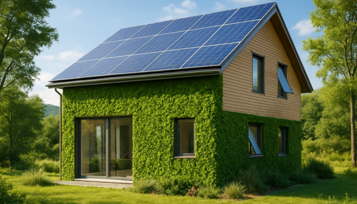 A modern eco-friendly home featuring solar panels, green walls, and smart windows in a tranquil setting.