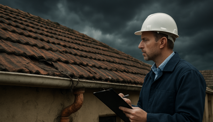 A professional inspector assesses a cracked roof and exposed wires on an old South African home in Springs under a stormy sky.