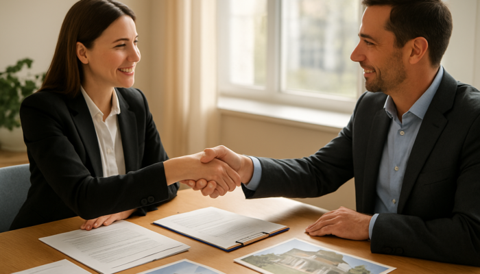 Real estate buyer and seller shaking hands over contracts at a sunlit office table.