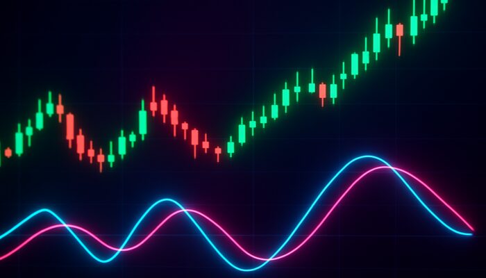 Dynamic trading screen featuring Trix indicator crossovers, divergences, and rising price candles in a vibrant interface.
