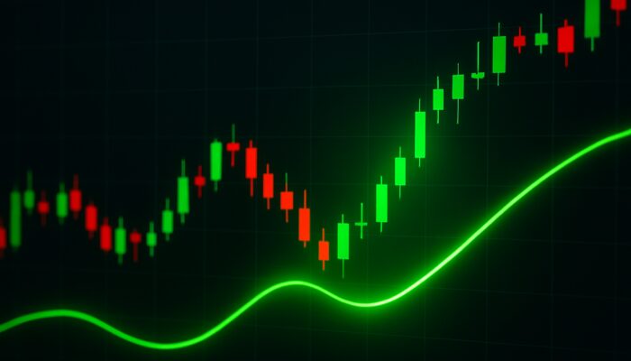 Trading chart displaying the green Trix line crossing above zero among candlesticks indicating a bullish buy signal