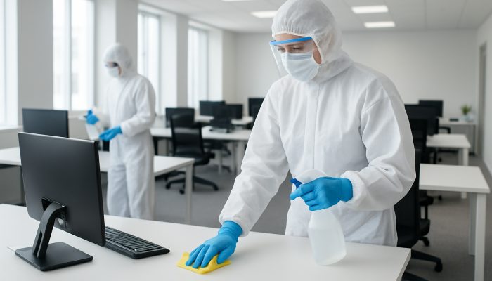 Trent Commercial Cleaning: Professional cleaners in PPE sanitising a modern UK office to ensure safety compliance and hygiene