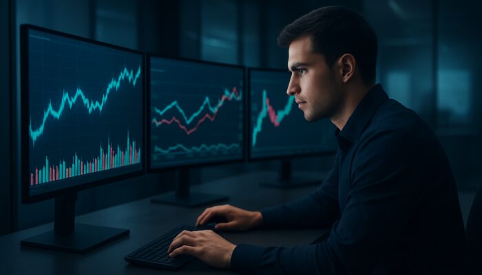 Focused trader monitors filtered crypto and stock alerts on illuminated screens with dynamic charts.