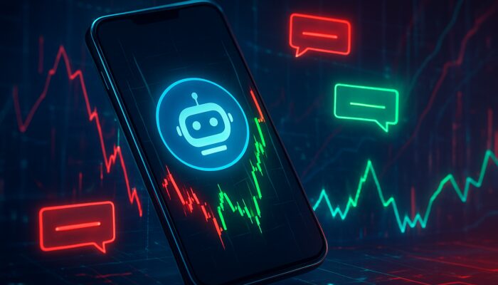 Sleek smartphone showcasing Telegram bot trading alerts with vibrant green-red charts in a cyberpunk aesthetic.