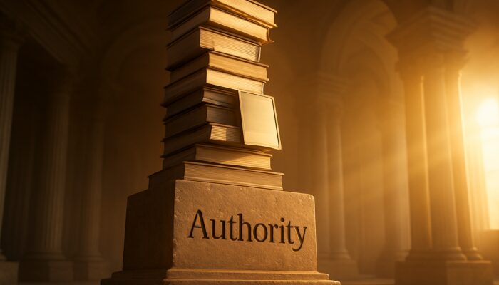 Granite cornerstone engraved "Authority" supports a pillar of books in golden sunrise light.
