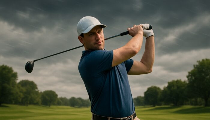 Golfer swinging driver with firm neutral grip through gusty winds on Pretoria Country Club fairway.