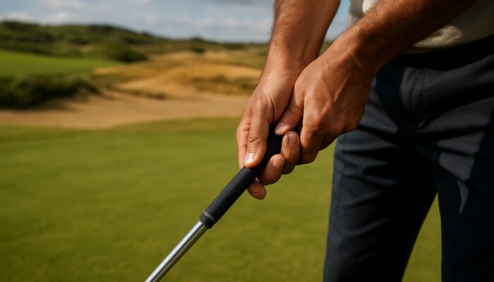 Close-up of a golfer's hands gripping a club on a South African fairway with greens and sands