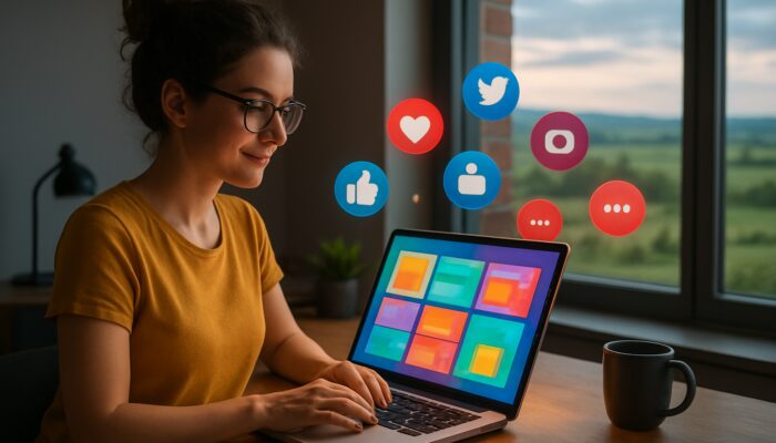 Patchway entrepreneur develops vibrant WordPress blog on laptop with floating social media icons overlooking UK countryside
