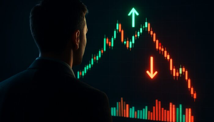 Trader analyzing glowing footprint chart with delta divergence arrows and volume clusters on dark screen