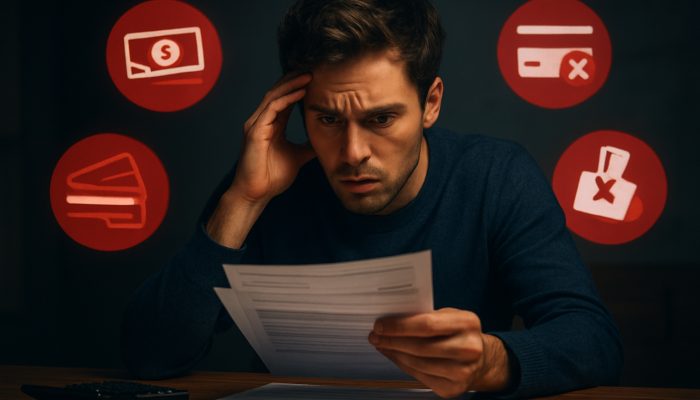 Preparing Statements if Your Spending Looks Risky | DCL Worried individual reviews bank statements amid warnings of overdrafts and maxed credit cards.
