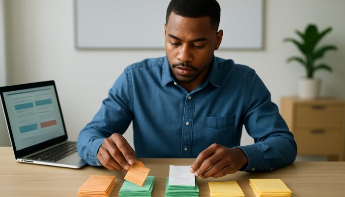 Preparing Statements if Your Spending Looks Risky | DCL Person sorting receipts into categories beside a laptop displaying Barclays and HSBC alerts.
