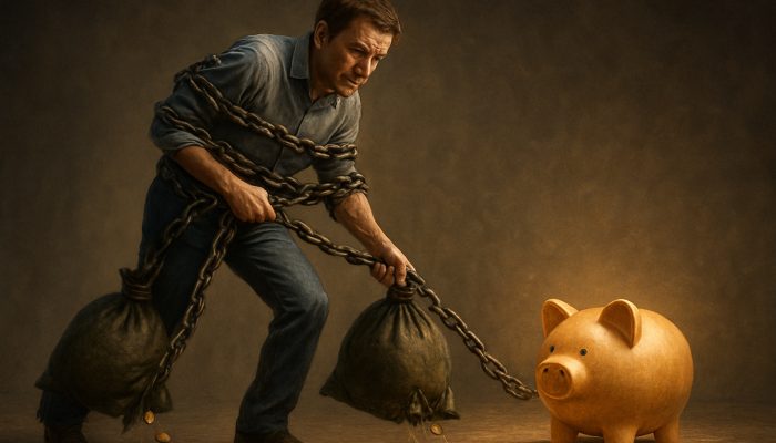 Cost Comparisons Between Remortgage and Loan: UK Guide | DCL Concerned homeowner burdened by early repayment charges drags leaking money bags from glowing savings pot.